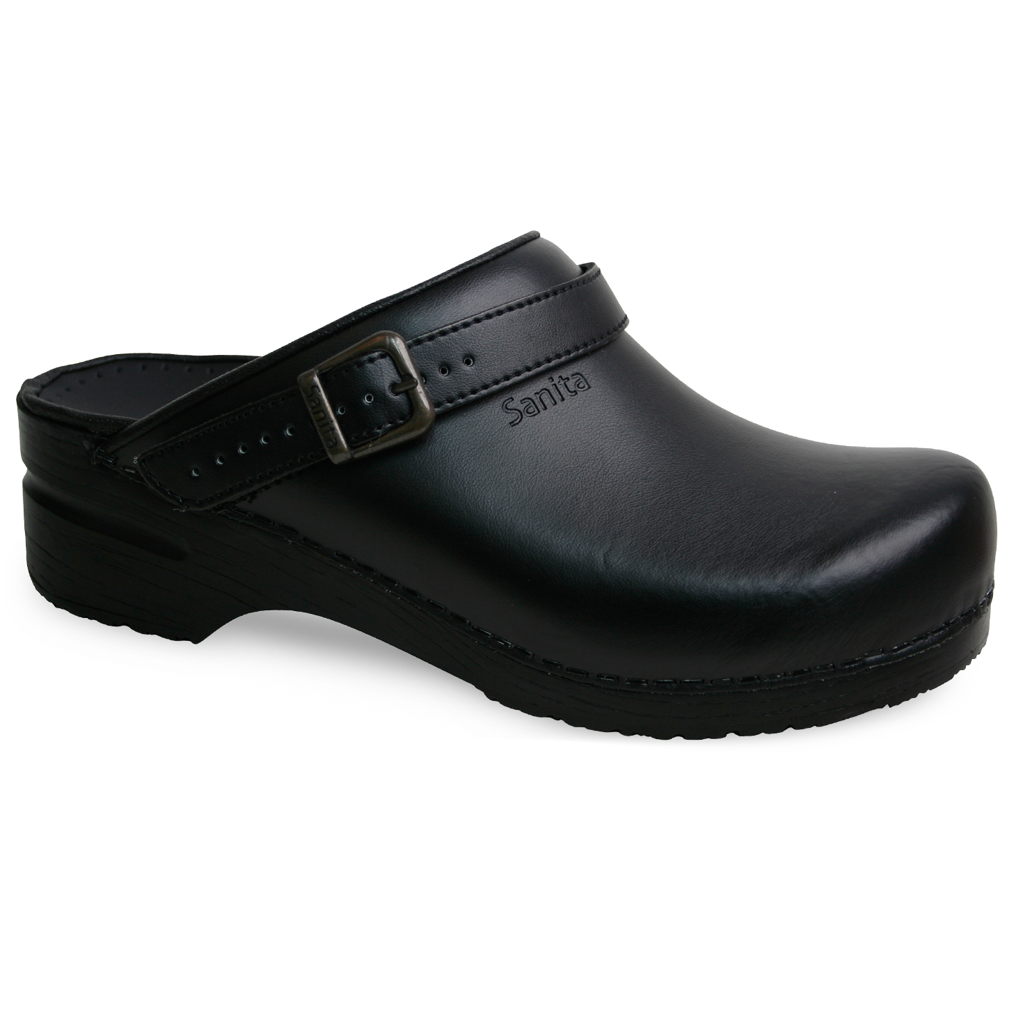 LEATHER CLOGS WITH BACK STRAP - Black