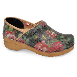 Pair of floral-patterned clogs on a white background