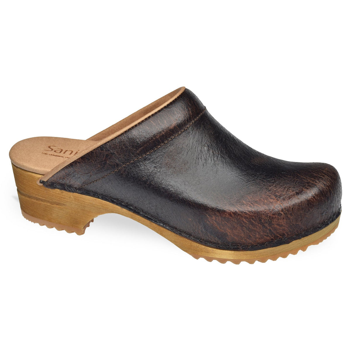 Sanita Melissa Women&#39;s Wood Clog in Antique Brown Open Back Clog
