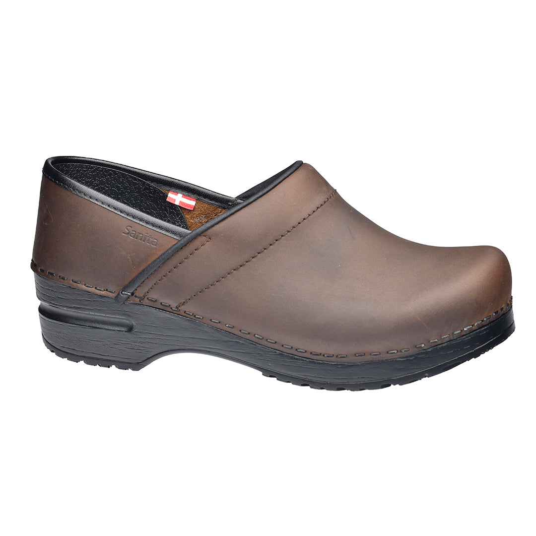 Sanita Pro. Oiled Leather Women's Clog in Antique Brown Closed Back Clog