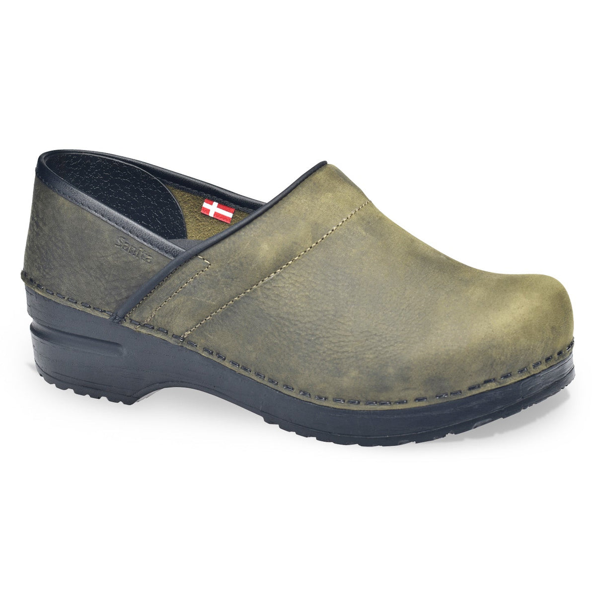 Sanita Pro. Oiled Leather Women&#39;s Clog in Olive Closed Back Clog