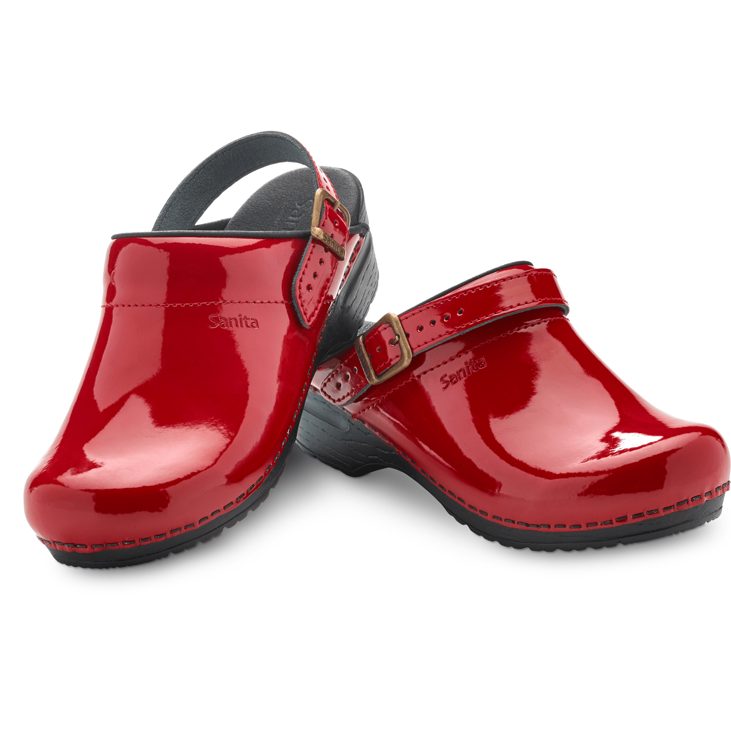 Sanita red best sale patent leather clogs